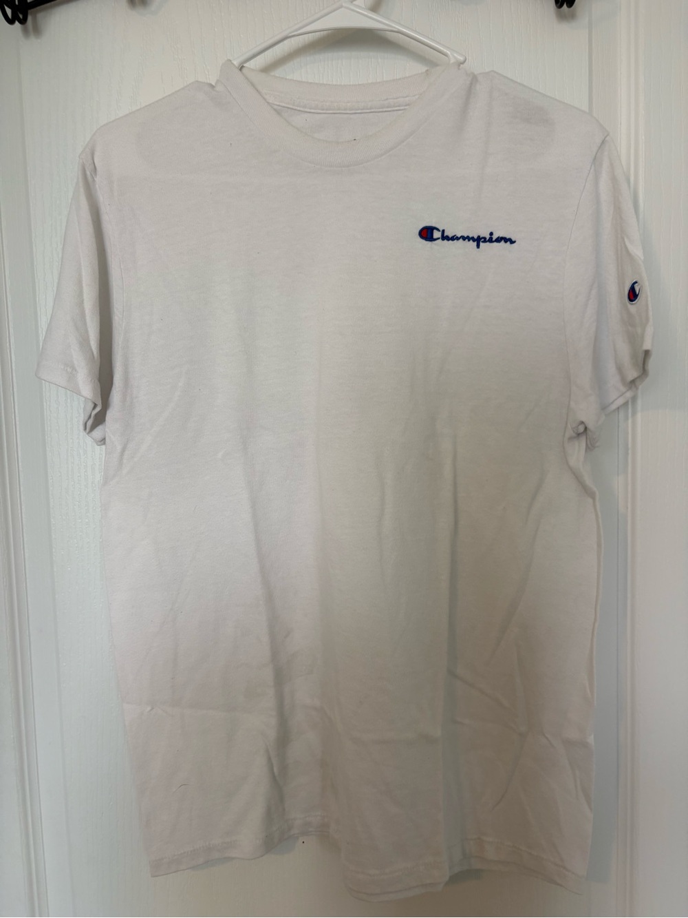 Champion Men's White Crewneck T-Shirt with Blue Logo